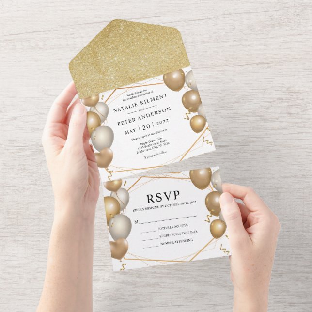 Elegant Guld och vita ballonger Guld Ram Bröllop (Avrivbar del)