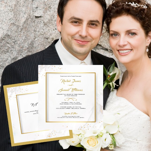 Elegant Guld och Vita Bröllop Inbjudningar (Elegant Gold and White Wedding Invitation)