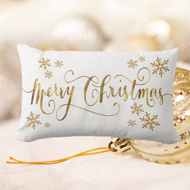 Elegant Guld och Vita God jul Lumbarkudde (Elegant Gold and White, Merry Christmas Lumbar Pillow)