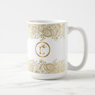 Elegant Guld och White Paisley Monogram Kaffemugg