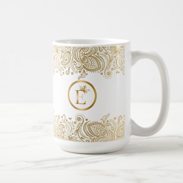 Elegant Guld och White Paisley Monogram Kaffemugg (Höger)