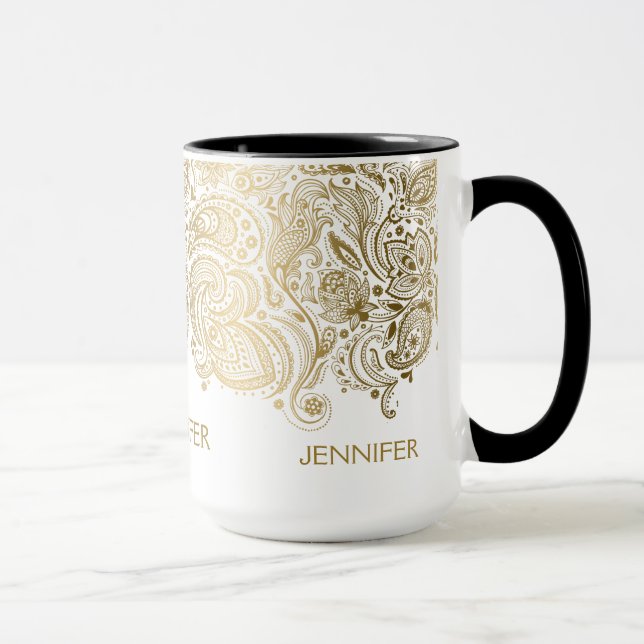 Elegant Guld och White Paisley Mugg (Höger)