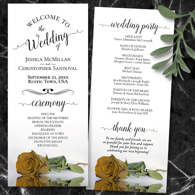 Elegant Guld Ochre Goldenrod Ro Romantic Bröllop Program (Front and Back)