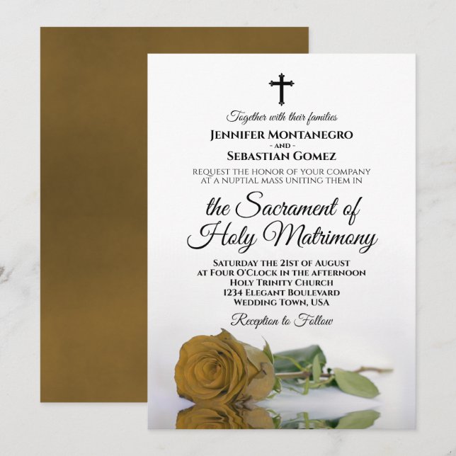 Elegant Guld Ochre Ro Modern katolska Bröllop Inbjudningar (Fram/baksida)