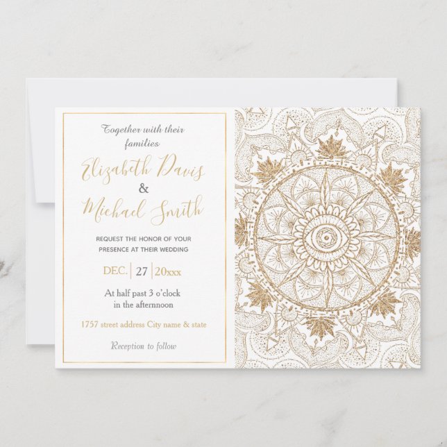 Elegant Guld Öga Sol, Måne Mandala White Inbjudningar (Framsida)