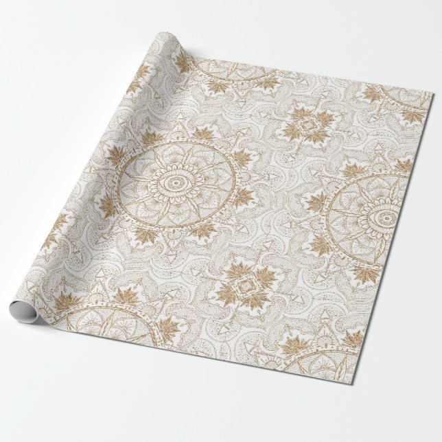 Elegant Guld Öga Sol, Måne Mandala White Presentpapper (Utrullad)