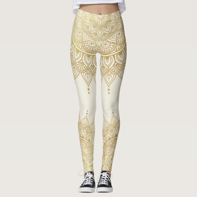 Elegant Guld om Cream Blommigt Henna Mandala Leggi Leggings (Framsida)