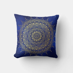Elegant Guld om Deep Blue Blommigt Henna Mandala Kudde