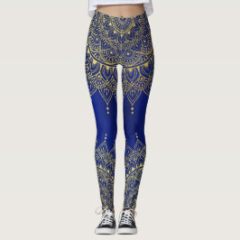 Elegant Guld om Deep Blue Blommigt Henna Mandala Leggings