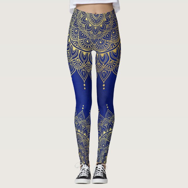 Elegant Guld om Deep Blue Blommigt Henna Mandala Leggings (Framsida)
