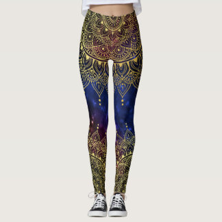 Elegant Guld om Mörk Nebula Blommigt Henna Mandala Leggings
