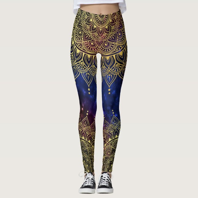 Elegant Guld om Mörk Nebula Blommigt Henna Mandala Leggings (Framsida)
