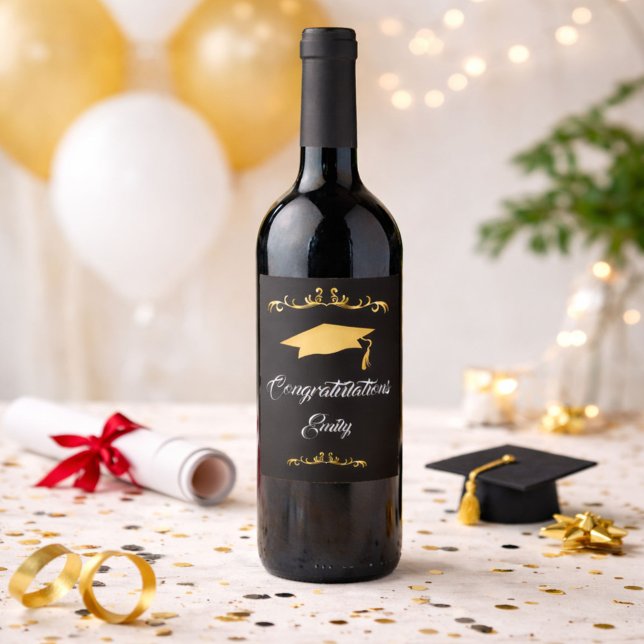 Elegant Guld Ornament Grattis Student Vinflaska Etikett (Skapare uppladdad)