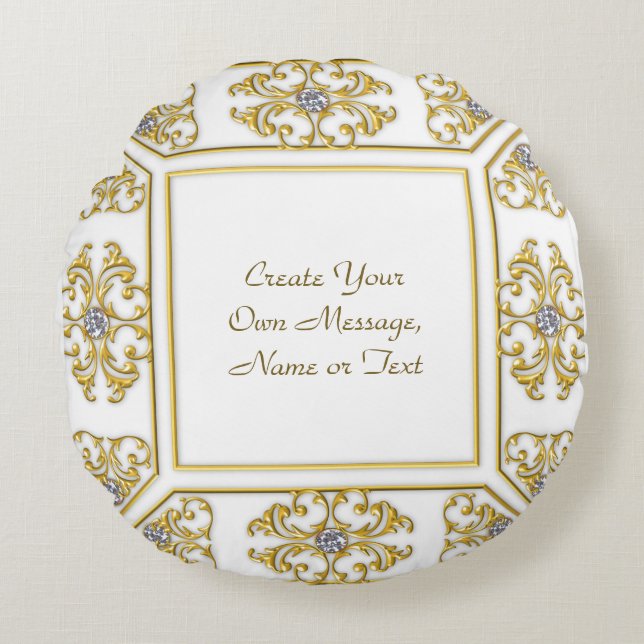 Elegant Guld Ornamental Gräns med diamantaccent Rund Kudde (Framsidan)