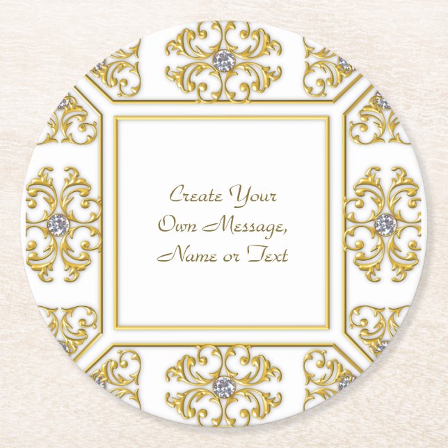 Elegant Guld Ornamental Gräns med diamantaccent Underlägg Papper Rund (Framsidan)