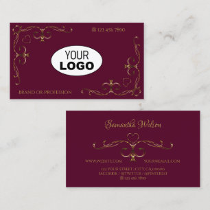 Elegant Guld Ornate Corners med Logotyp Burgundy Visitkort