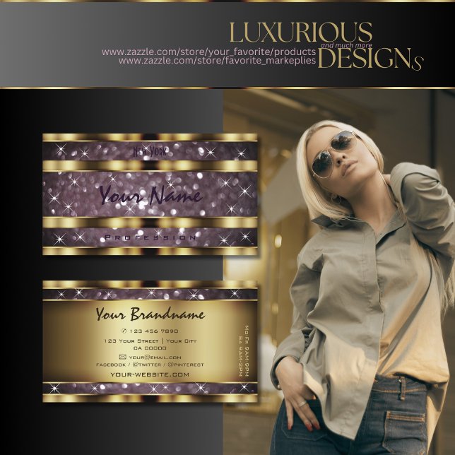 Elegant Guld Ornate Lila Glitter Gnistra Stars Visitkort (Skapare uppladdad)