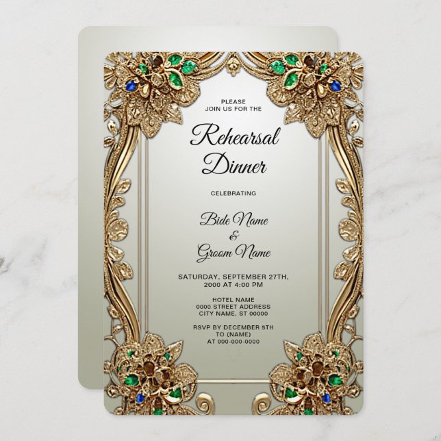 Elegant Guld Ornate Rehearsal Middag Inbjudningar (Fram/baksida)