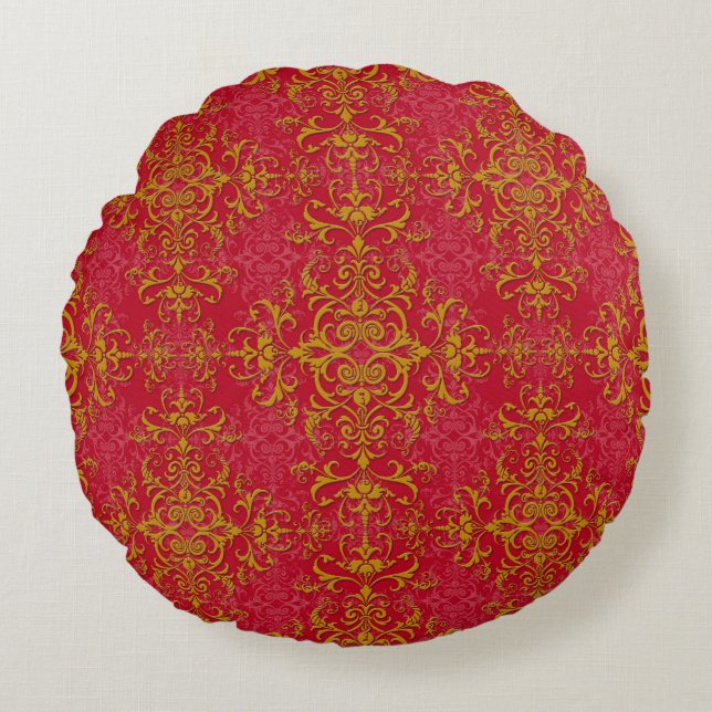 Elegant guld över rosa-röd damastmönster rund kudde (Framsidan)