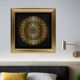 Elegant Guld på Black Lotus Henna Mandala Print Poster