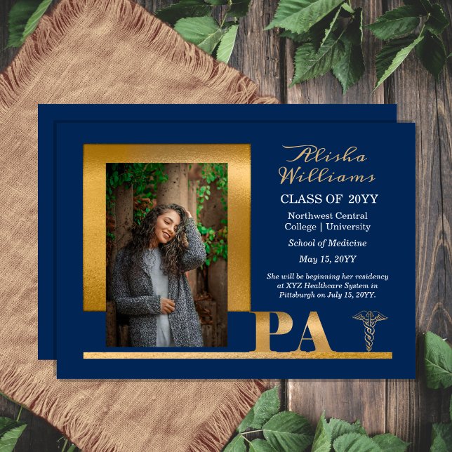 Elegant Guld PA Caduceus 1 Photo Blue Grad Meddelande (Elegant Gold Tone "PA" Physician's Assistant Caduceus One Photo Blue Graduation Announcement )