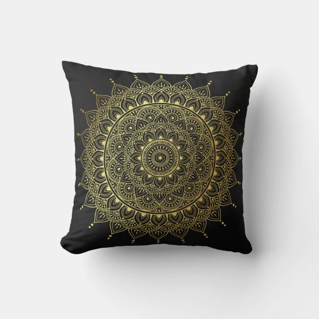 Elegant Guld på Soft Black Blommigt Henna Mandala Kudde (Framsida)