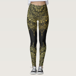 Elegant Guld på Soft Black Blommigt Henna Mandala Leggings