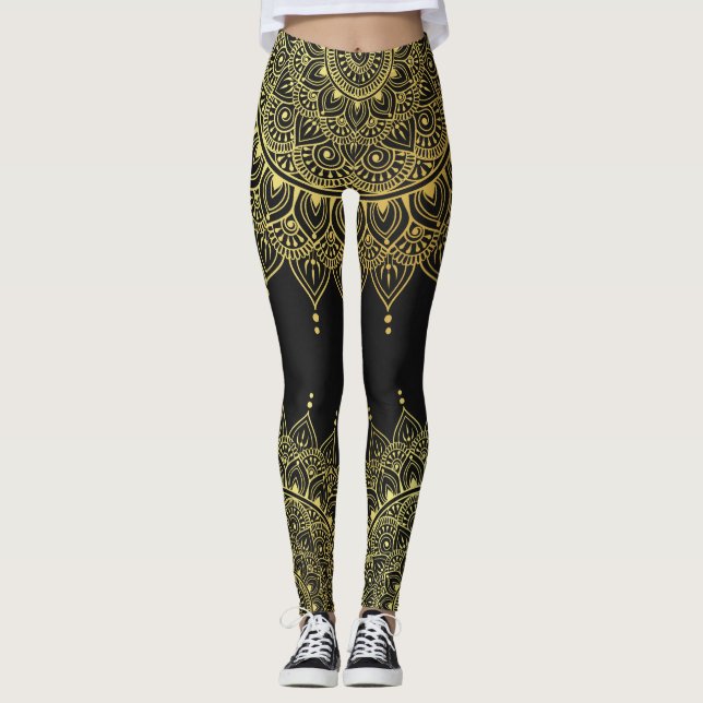 Elegant Guld på Soft Black Blommigt Henna Mandala Leggings (Framsida)