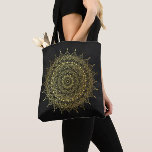 Elegant Guld på Soft Black Blommigt Henna Mandala Tygkasse