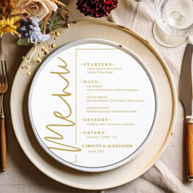 Elegant guld på vit rund meny (Chic white round menu with your details in gold lettering (not metallic))