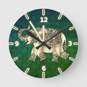 Elegant guld paisley blommande elefant, grön damas rund klocka