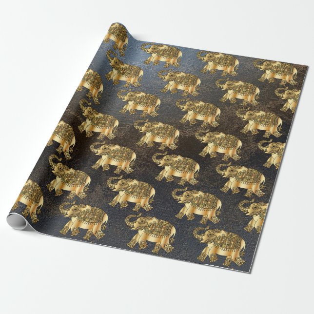 Elegant guld paisley blommig elefant, läderlook presentpapper (Utrullad)