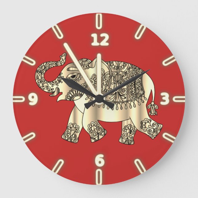 Elegant guld paisley blommig elefant, röd stor klocka (Framsida)