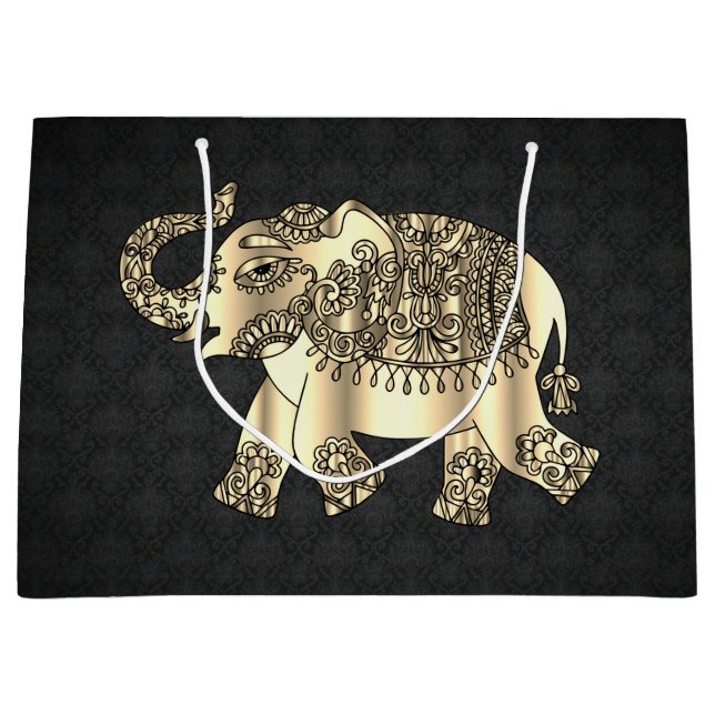 Elegant Guld Paisley Blommigt Elephant, Black Dama (Framsidan)