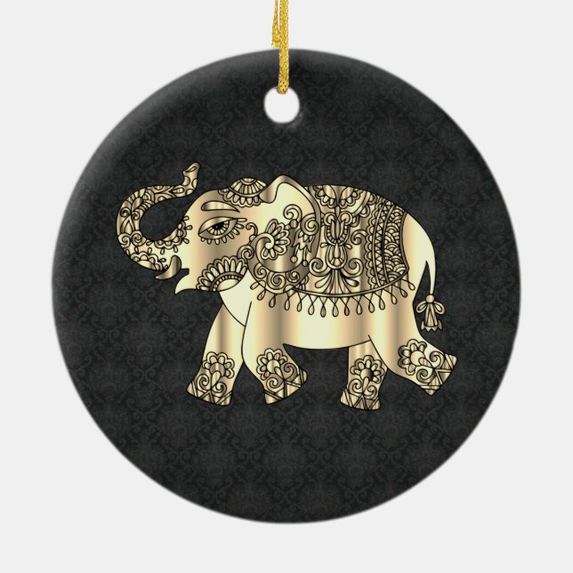 Elegant Guld Paisley Blommigt Elephant, Black Dama Julgransprydnad Keramik (Baksidan)