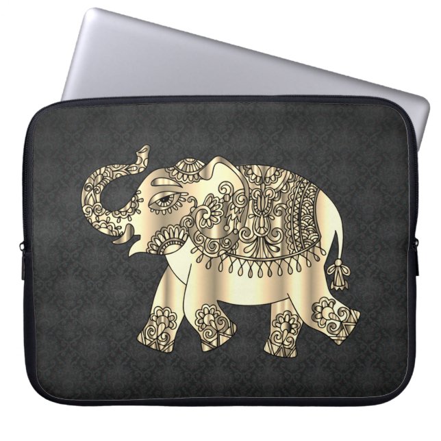 Elegant Guld Paisley Blommigt Elephant, Black Dama Laptop Fodral (Framsidan)