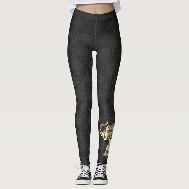 Elegant Guld Paisley Blommigt Elephant,Black Damas Leggings (Framsida)