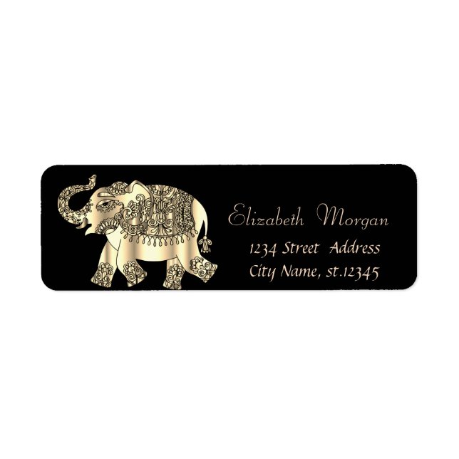 Elegant Guld Paisley Blommigt Elephant,Black Returadress Etikett (Framsidan)