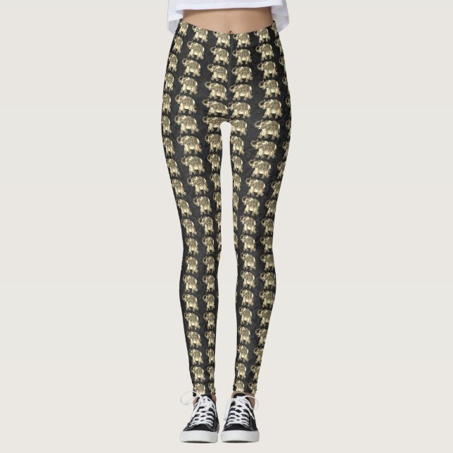 Elegant Guld Paisley Blommigt Elephants,Black Dama Leggings (Framsida)