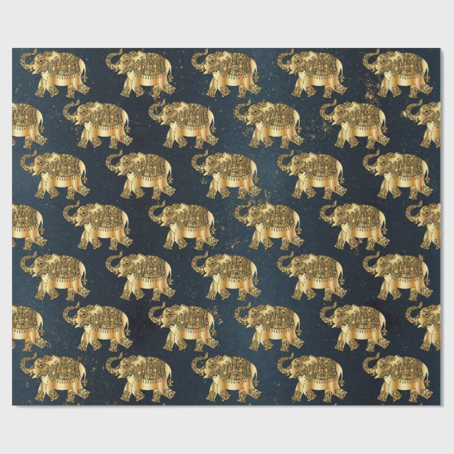 Elegant guld paisley blomster elefant, mörkblå presentpapper (Platt)