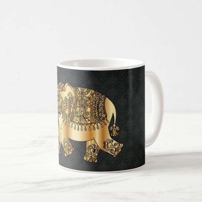 Elegant guld paisley blomster elefant, svart damas kaffemugg (Framsida höger)