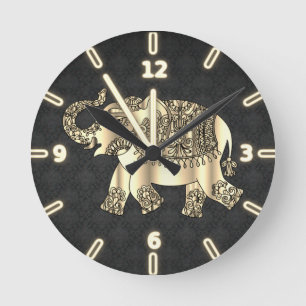 Elegant guld paisley blomster elefant, svart damas rund klocka