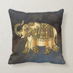 Elegant guld paisley elefant, läderlook kudde