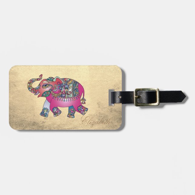 Elegant Guld, Paisley Elefant -Personlig Bagagebricka (Horisontell Framsida)