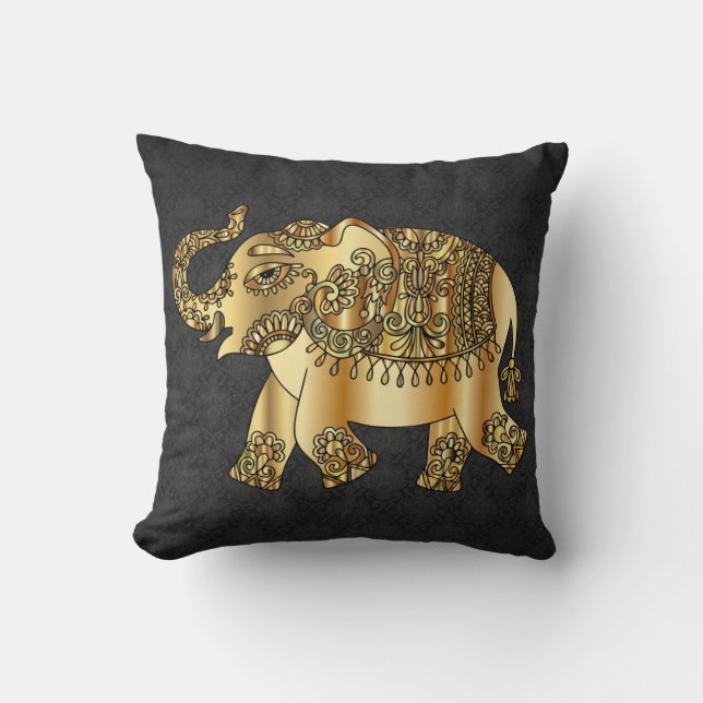 Elegant guld paisley elefant, svart damast kudde (Framsida)