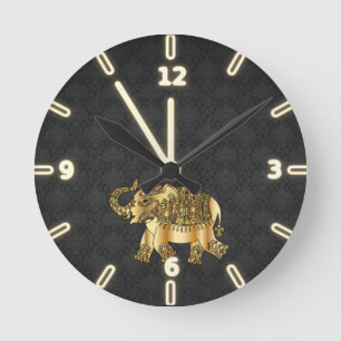 Elegant guld- Paisley elefant, svart damast Rund Klocka