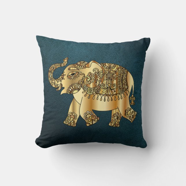 Elegant Guld Paisley Elephant,Grönt Leather look Kudde (Framsida)