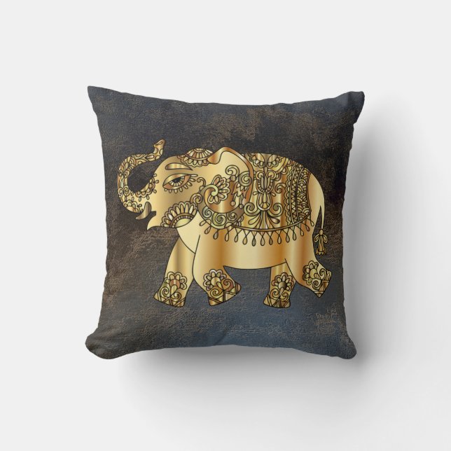 Elegant Guld Paisley Elephant, läderutseende Kudde (Framsida)