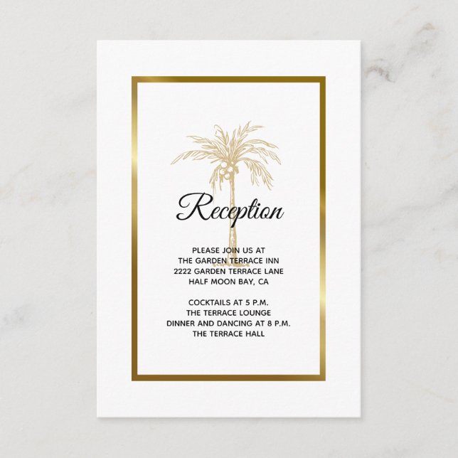 Elegant Guld Palmtrea Bröllopsmottagning Tilläggskort (Framsida)