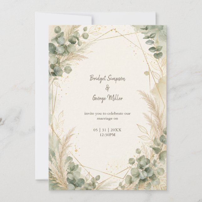 Elegant Guld Pampas Eukalyptus Bröllop Lyx Inbjudningar (Framsida)
